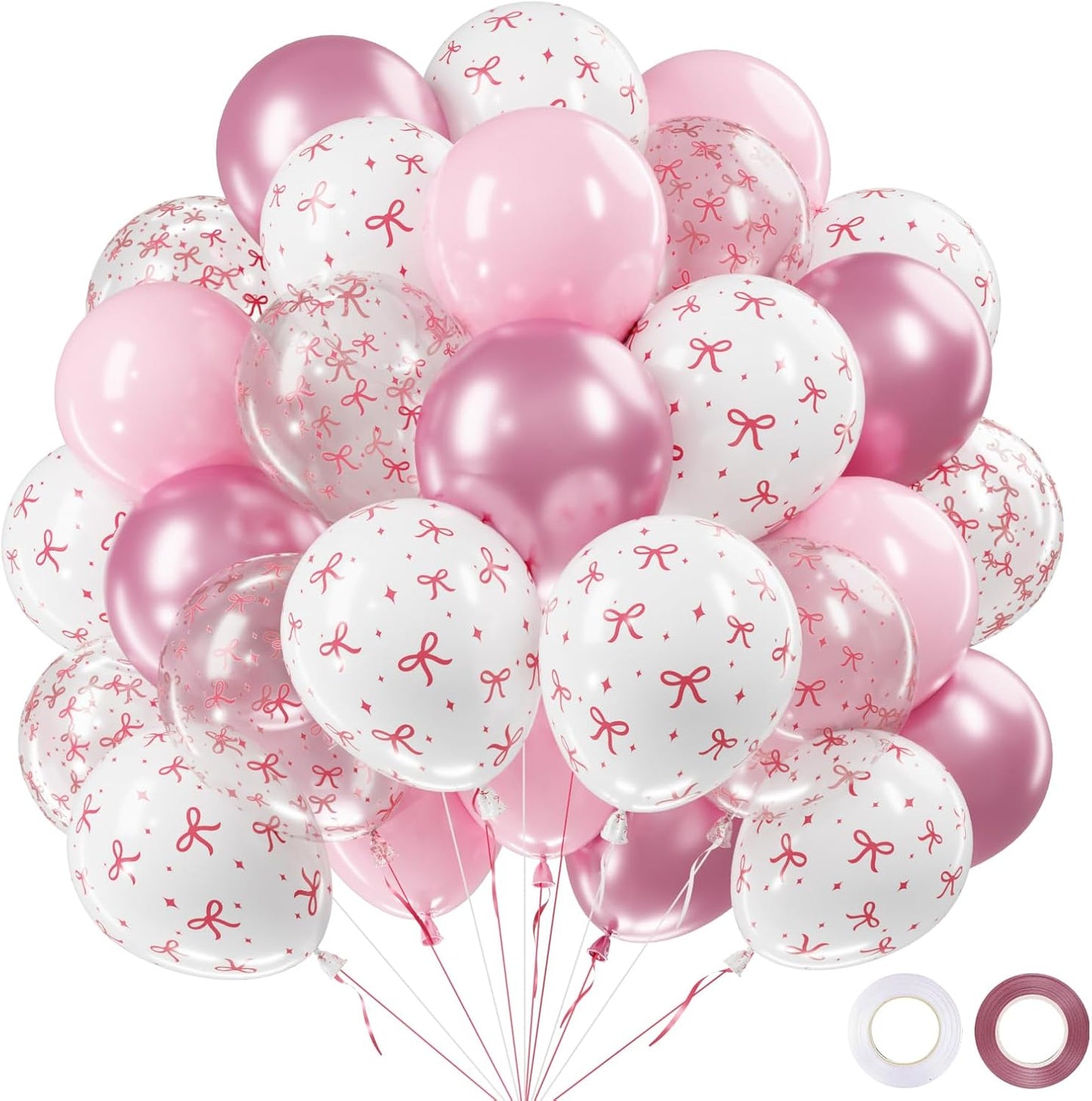 Netnology Pink Bow Balloons, 60Pcs 12 Inch Light Pink Metallic Pink Clear White Bow Balloon for Girls Women Princess Coquette Birthday Baby Shower Bridal Shower Wedding Bachelorette Party Decorations