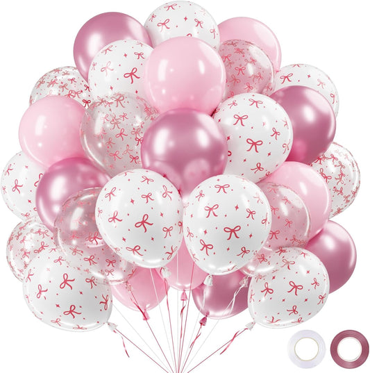 Netnology Pink Bow Balloons, 60Pcs 12 Inch Light Pink Metallic Pink Clear White Bow Balloon for Girls Women Princess Coquette Birthday Baby Shower Bridal Shower Wedding Bachelorette Party Decorations