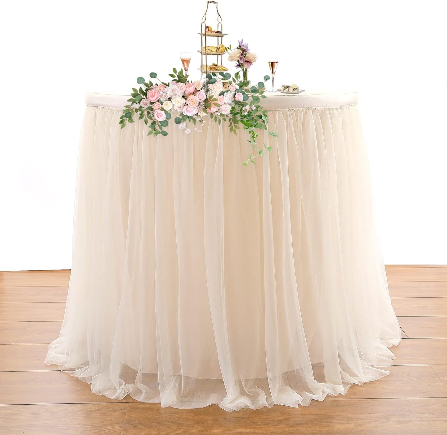 Suppromo 2 Pack 6ft Champagne Tulle Table Skirts for Birthday Party Wedding Reception Champagne Tutu Table Cloths for Parties Baby Shower Dessert Cake Table Decor