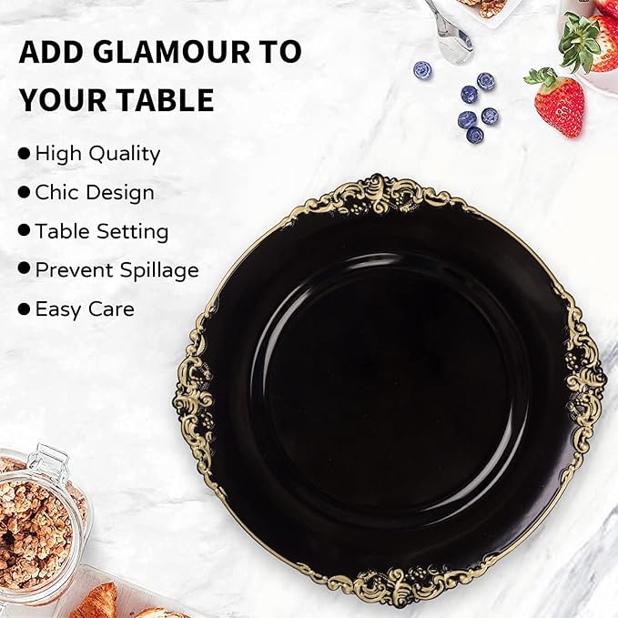 MAONAME Black Charger Plates with Gold Rim, Round Antique Plate Chargers for Dinner Plates, 13" Plastic Charger for Wedding Table Setting, Set of 6