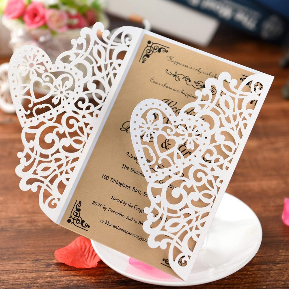 FOMTOR White Laser Cut Wedding Invitations Kits 50 Packs Laser Cut Wedding Invitations with Blank Printable Cards and Envelopes for Wedding,Birthday Parties,Baby Shower