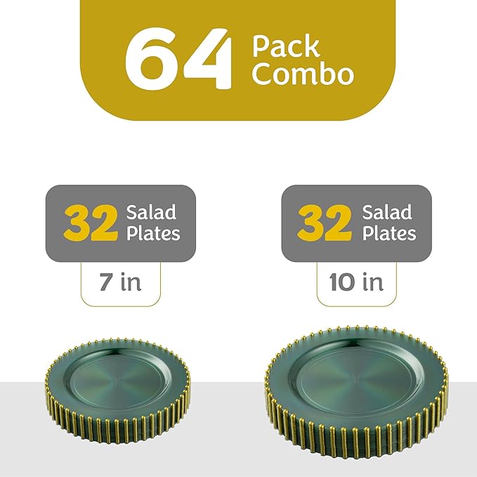 PLASTICPRO 64 Piece Combo Plastic Dinner Plates Disposable Plastic Fancy Heavy Duty Party Dishes 7 inch and 10 inch, Translucent Green and Gold Beaded