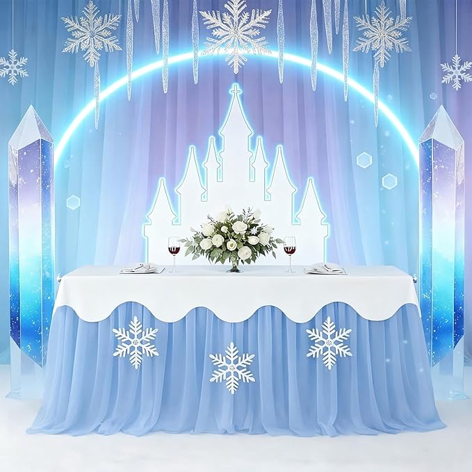 5 Pcs Winter Snowflake Wonderland Tablecloth Blue Tulle Table Skirt and White Tables Cover with Snowflake 30 x 108 Inch Winter Wonderland Table Cover for Winte Holiday Party Supplies Decorations