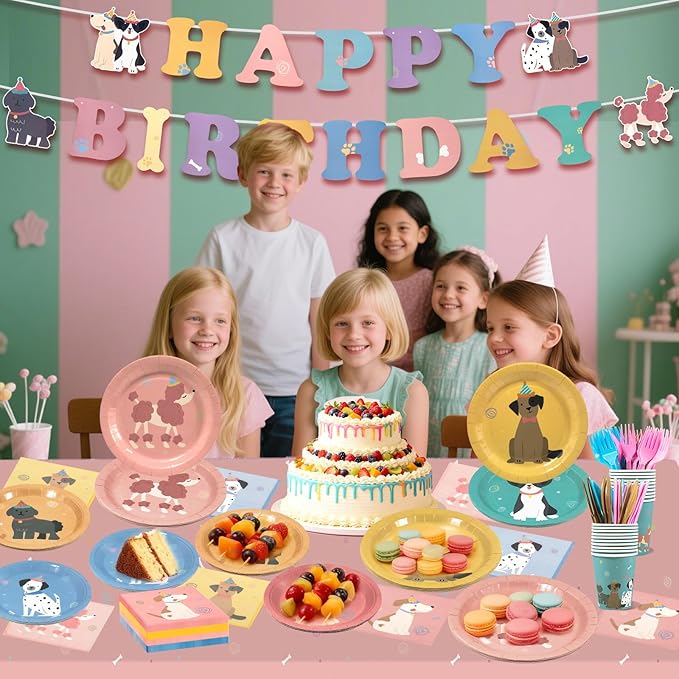 182Pcs Pet Dog Birthday Party Decorations,Retro Puppy Themed Paper Plates Napkins Disposable Pet Dog Tableware Supplies Serve 30 Guests,for Baby Shower Kids Birthday Party Favor