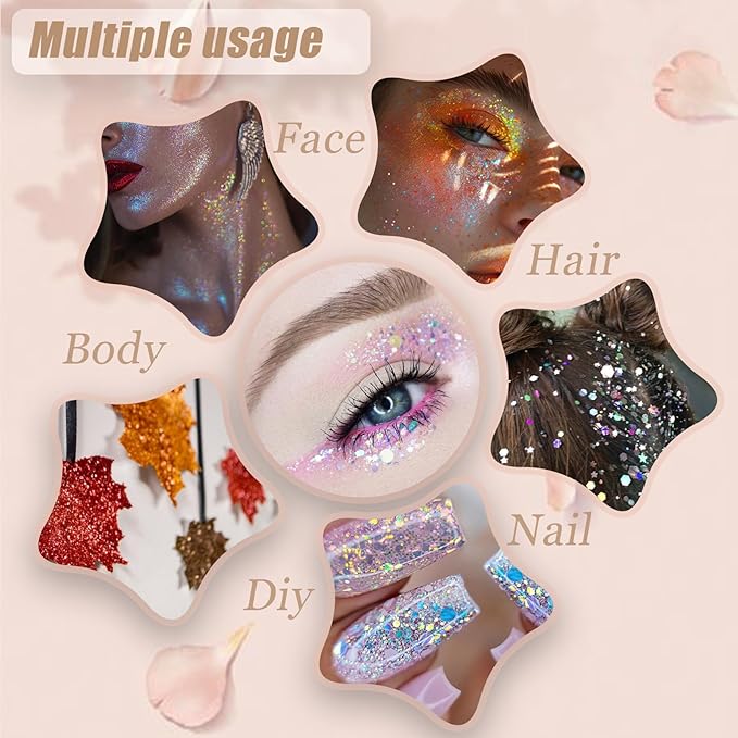 Face Body Glitter, Hair Glitter Sparkles Chunky Face Glitter Gel for Girls Makeup Singer Concerts Mermaid Festival Sequins Face Paint