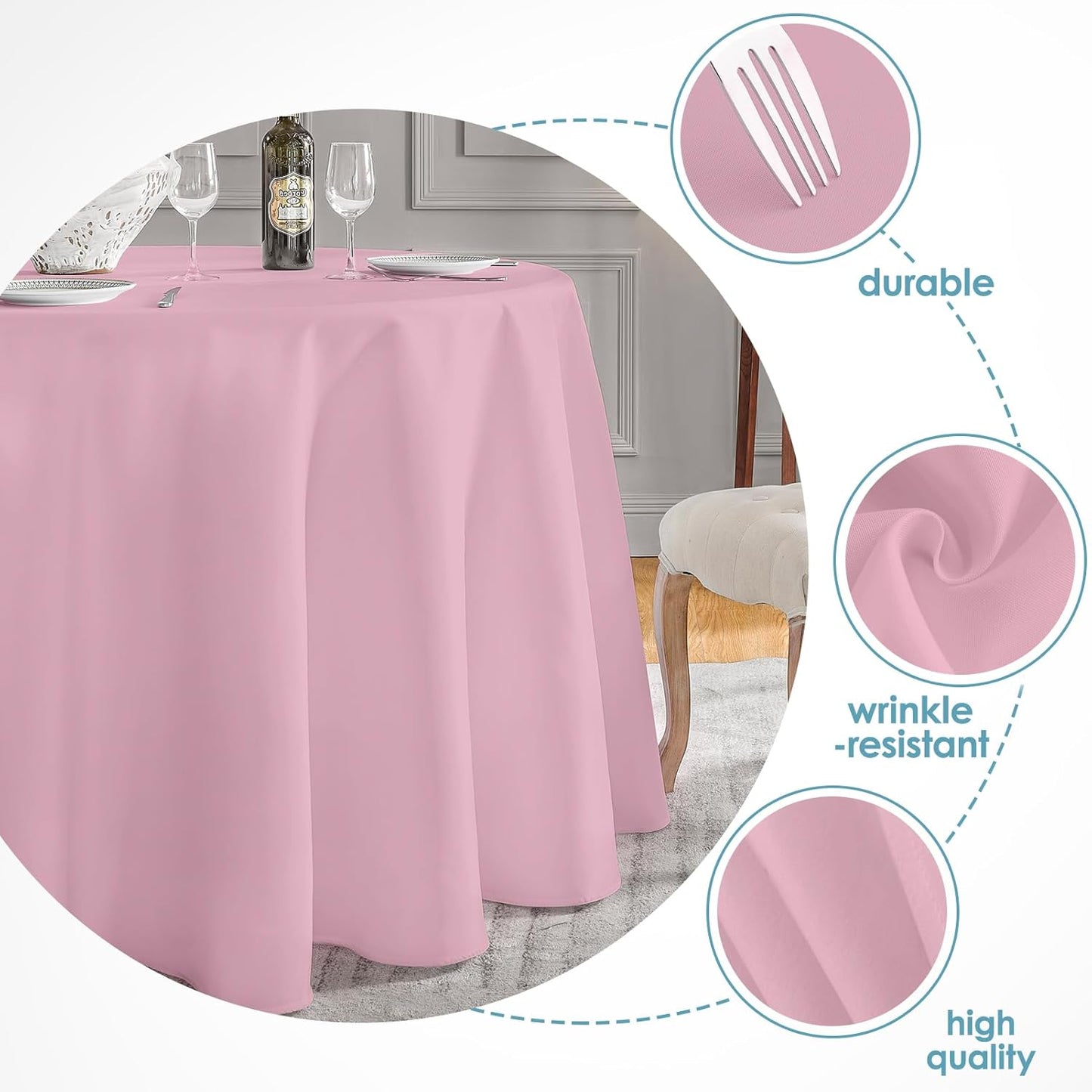 VidaFete Tablecloth 2 Pack 120inch Round Table Cloth Polyester, Stain Wrinkle Resistant Polyester Dining Table Cover for Kitchen Dinning Party Wedding Round Tabletop Buffet Decoration(Pink)