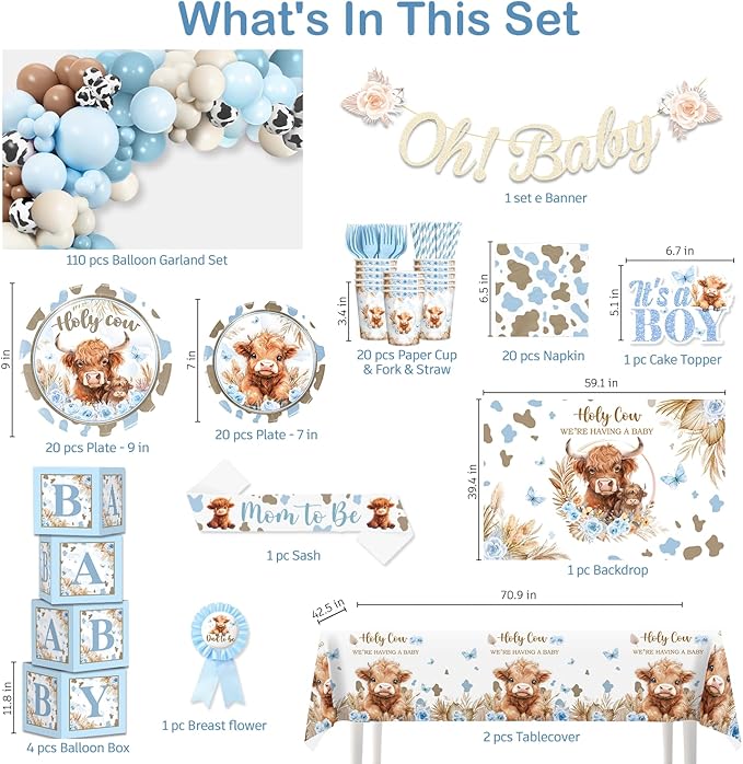 Cocomigo 241pcs Highland Cow Baby Shower Decorations for Boy, One-stop Package Includes 40 Plates 2 Tablecloths 1 Sash and 1 Pin, Complete Balloon Arch Tableware Set for Baby Shower
