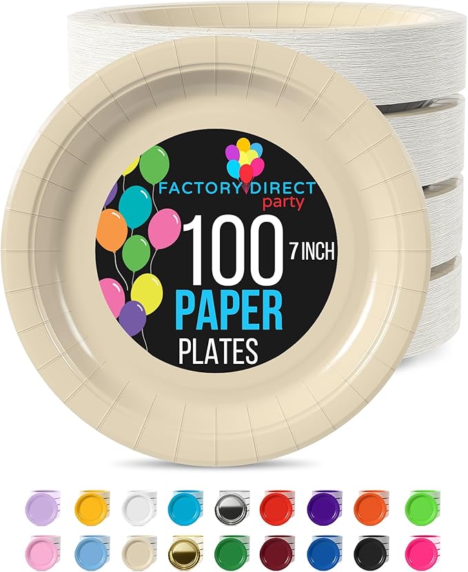 Exquisite Party Solids Ivory Paper Plates Disposable Heavy Duty 7 Inch Ivory Disposable Plates For Party 100 Pcs Heavy Duty 350 GSM, Birthday Supplies