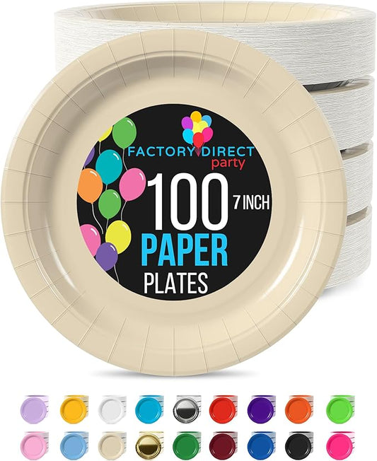 Exquisite Party Solids Ivory Paper Plates Disposable Heavy Duty 7 Inch Ivory Disposable Plates For Party 100 Pcs Heavy Duty 350 GSM, Birthday Supplies