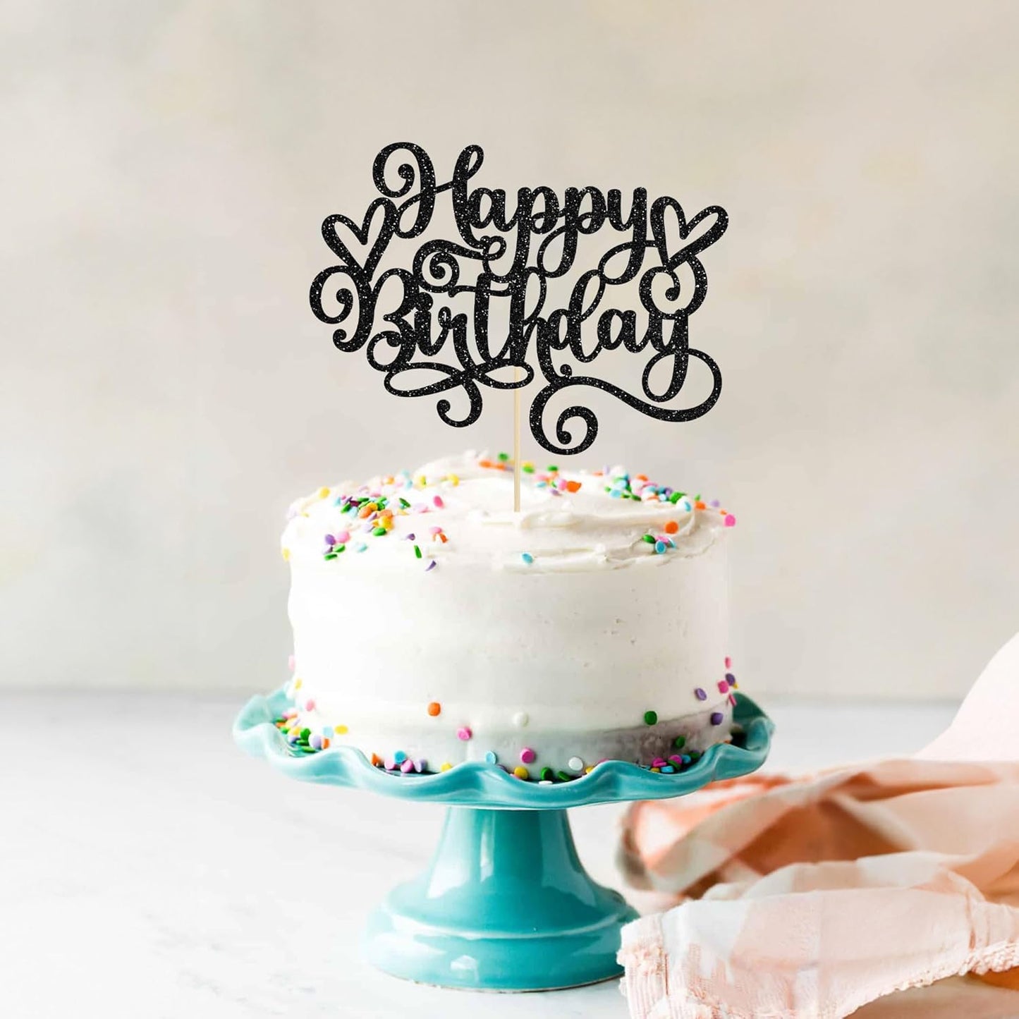 Gyufise 1Pcs Happy Birthday Cake Topper Glitter Cake Pick Bunting Decor for Anniversary Celebrating Party Cake Decorations Supplies Black