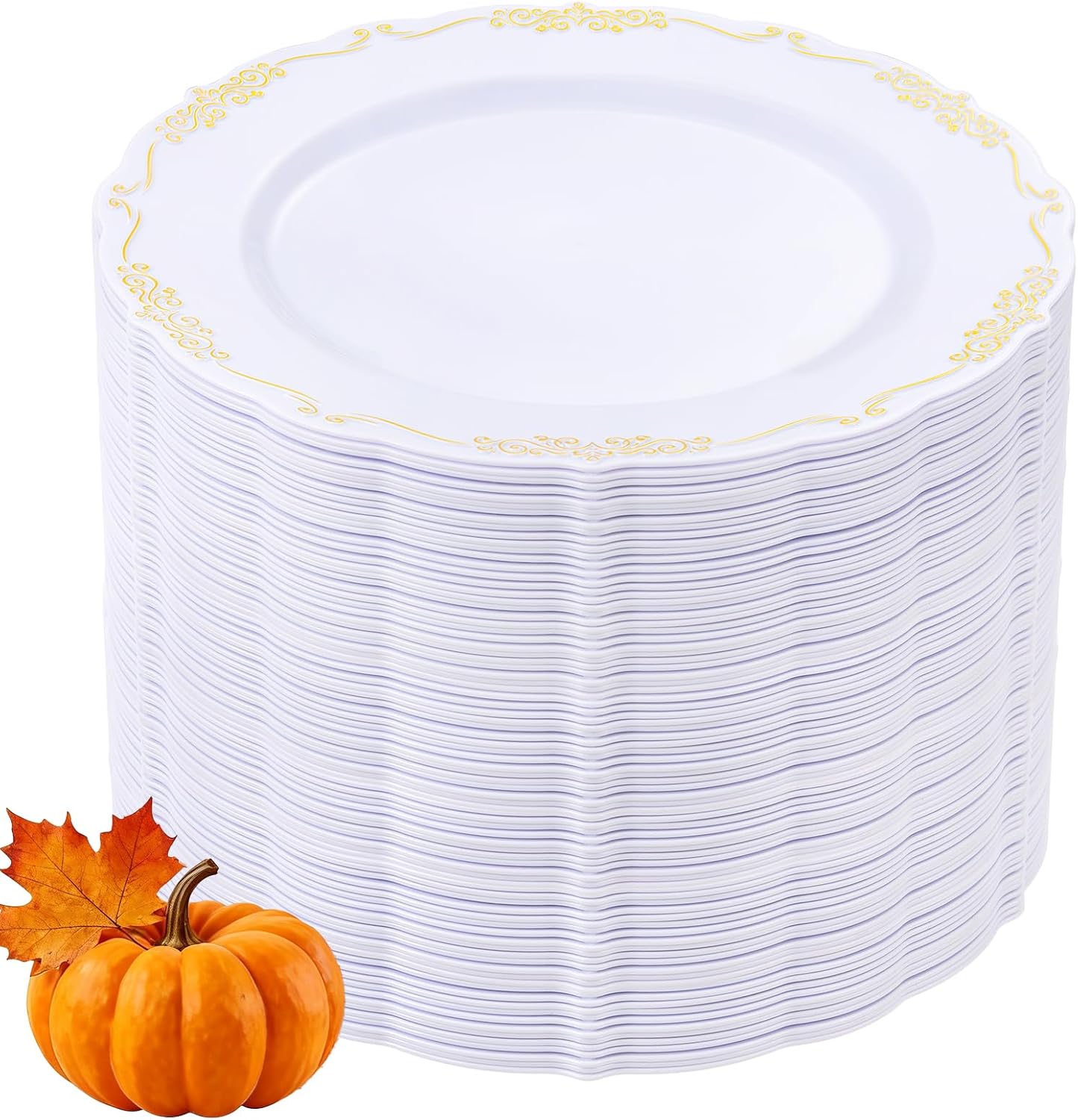 DaYammi 60PCS White and Gold Plastic Plates, Thanksgiving Plates Disposable Heavy Duty Platos Premium 7.5inch White Dessert Cake Salad Appetizer Plates Hard Plastic Platos Disposable for Party Wedding
