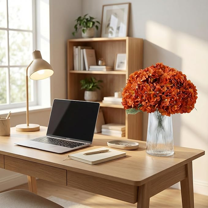 2Bouquets Artificial Fake Flowers Plants Silk Hydrangea Arrangements Wedding Bouquets Decorations Plastic Floral Home Kitchen Garden Party Festival Bar DIY (Orange,5 Flower Heads)
