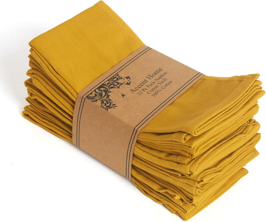 ACCENTHOME Accent Home 100% Cotton Napkins, Delicate Cloth Napkins for Dinners, Parties and Weddings，18 x 18 Inch Set of 12 - Mustard