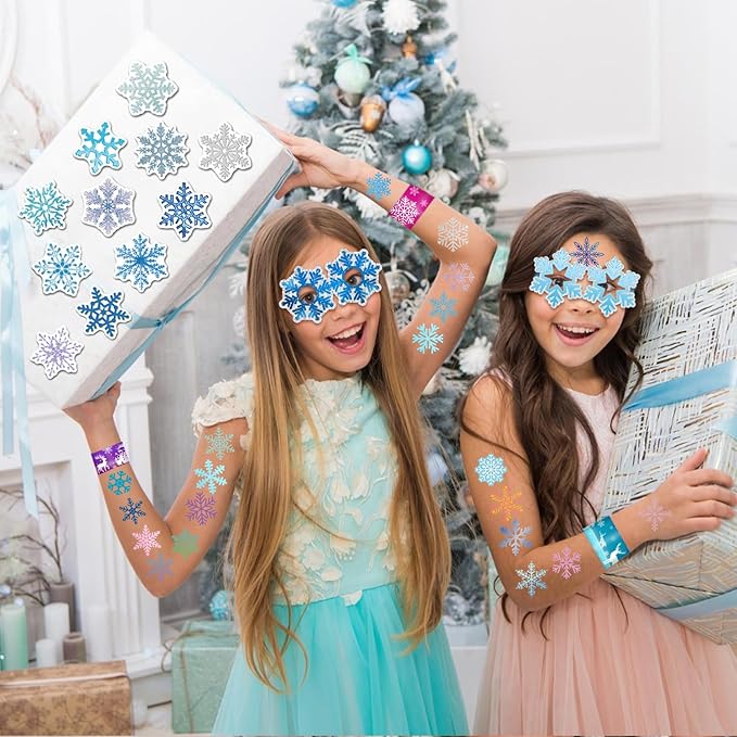 110 PCS Snowflake Party Favors, Snowflake Temporary Tattoos Slap Bracelets Paper Eyeglasses Stickers Keychains Gift Bags Winter Snowflake Birthday Party Decorations Supplies