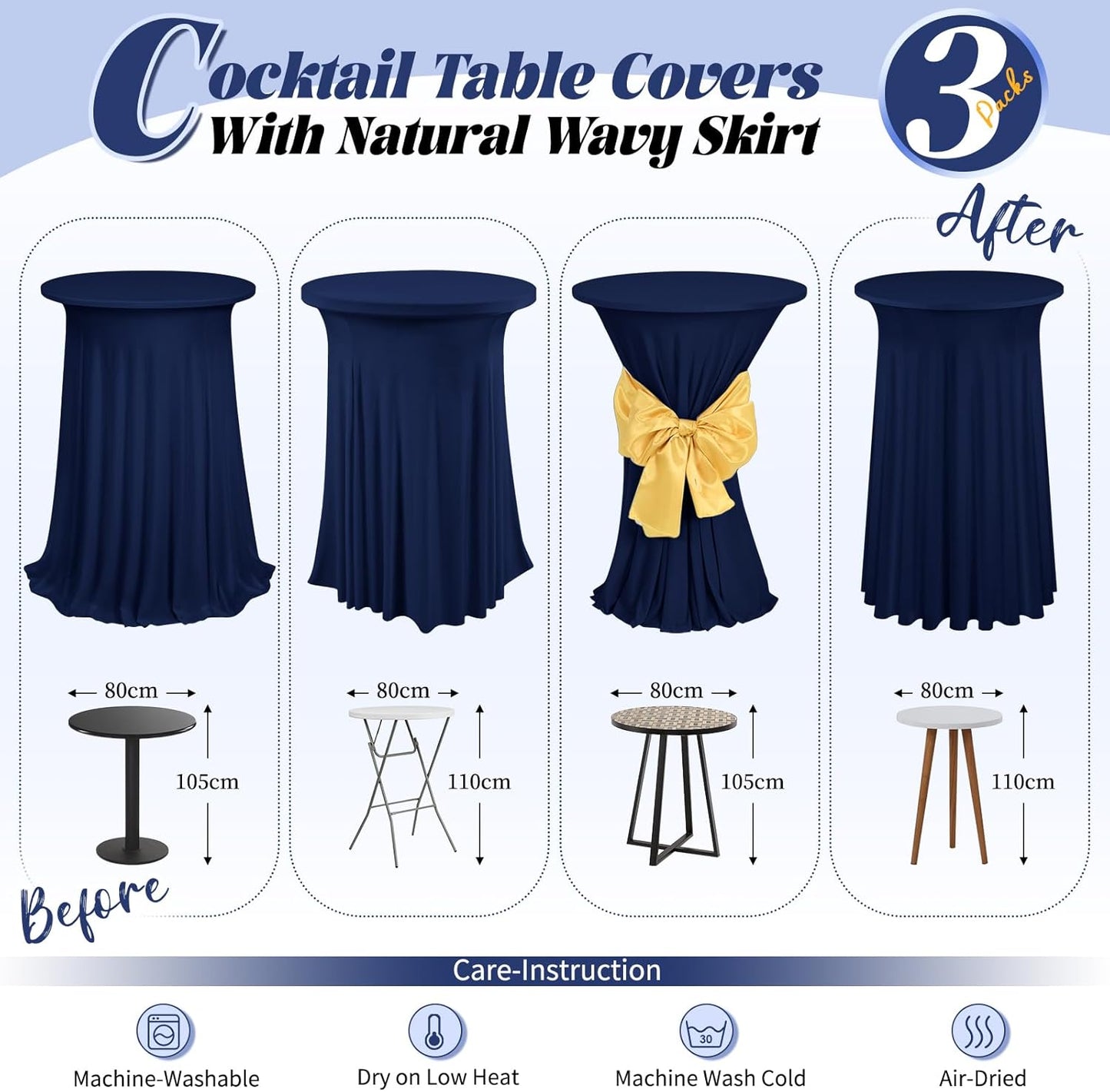 3 Packs Cocktail Table Covers Navy Blue Round Bar Table Cloth Dark Blue 32"x 43" Spandex Stretch High Top Table Covers with Wavy Drapes Fitted High Top Table Cloth for Party Wedding Banquet Bar Table