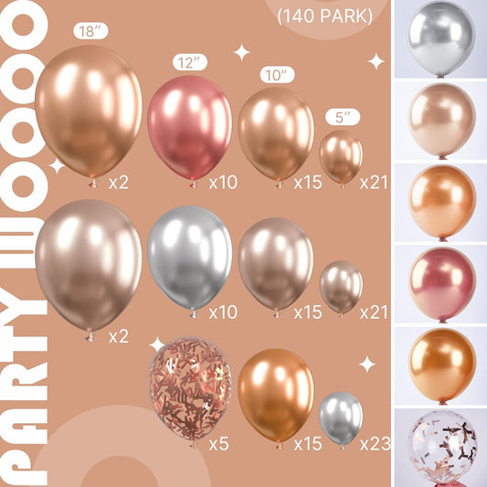 PartyWoo Rose Gold Shades Balloon Garland Kit, 140 pcs Shades of Rose Gold Balloons Different Sizes Pack of 18 Inch 12 Inch 10 Inch 5 Inch for Balloon Garland, Birthday Decorations, Party Decorations