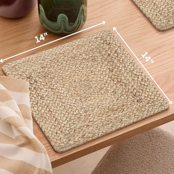 Handcrafted Jute Braided Placemats Set of 4 - 100% Jute Handwoven Rustic Vintage Farmhouse Placemats 14x14 Inch Square, Durable Non-Slip for Dining, Kitchen, Coffee Table Décor Table Mats