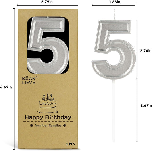 BEAN LIEVE Silver Birthday Candles Number 5, Silver Number Candles, Cake Number Candles for Birthday Parties and Wedding Anniversary Celebrations