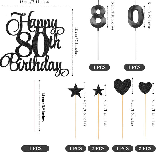 80th Birthday Cake Decorations, 80th Birthday Candles Cake Numeral Candles and Glitter Happy 80th Birthday Cake Toppers Set for Birthday Party Supplies (Black)