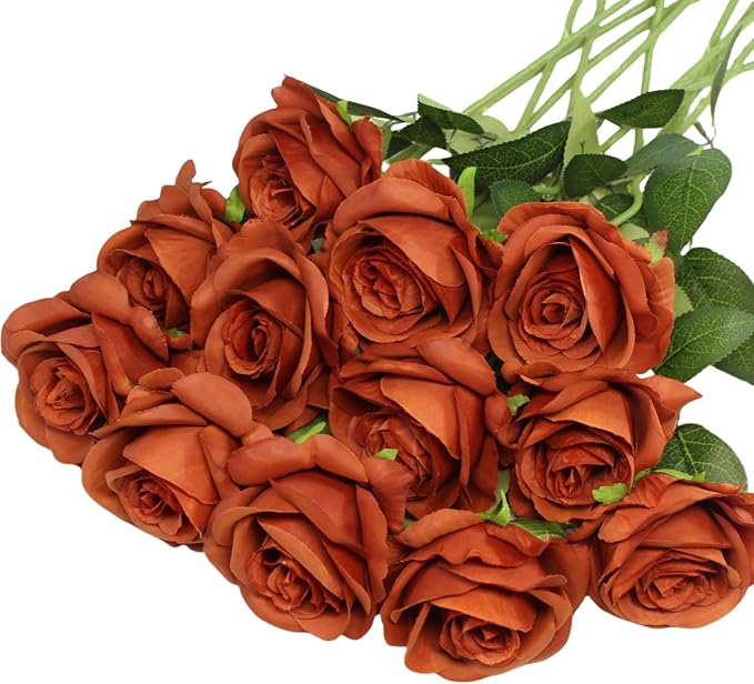 Artificial Roses Flowers, 12 Pcs Fake Rose in Bulk, Long Stem Realistic Silk Roses Bouquet for Fall Home Decor, Thanksgiving Decor, Centerpieces, Flower Arrangement (Burnt Orange, 12-PCS)