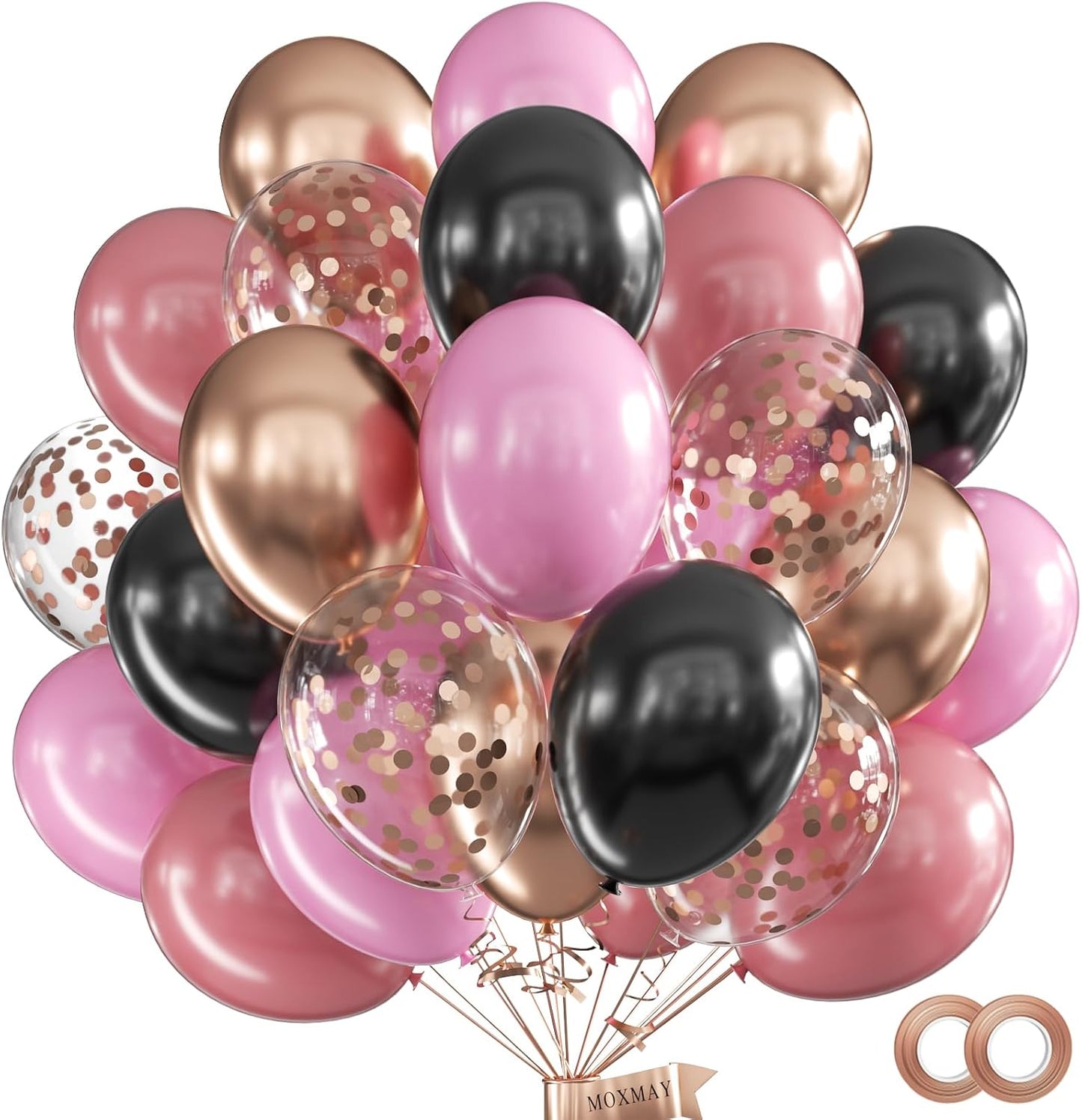 62Pcs 12Inch Black Rose Gold Pink Balloons Kit, Vintage Pale Pink Black Rose Gold Confetti Party Balloons with Ribbons for Birthday, Wedding, Baby Shower, Graduation Decorations