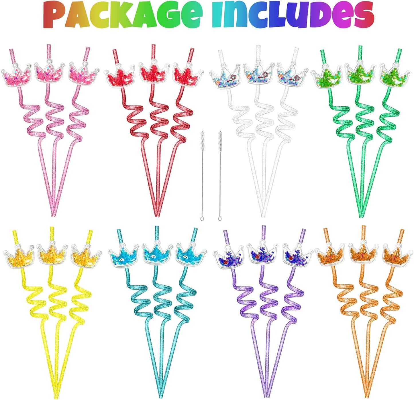TUWUNA 24pcs Princess Party Favors Glitter Crown Straws Glitter Drinking Straws Goodie Gifts for Princess Birthday Party Supplies Decorations with 2 Clean Brushes