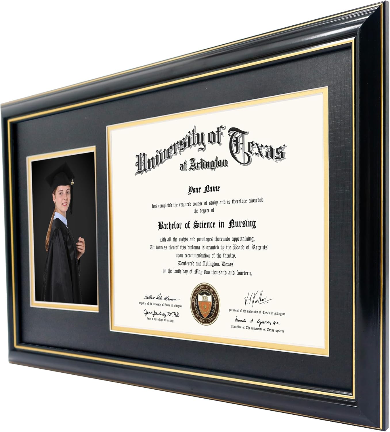GraduationMall 11x19 Black Diploma and Photo Frame for 8.5x11 Certificate,5x7 Picture,Tempered Glass,Black over Gold Double Mat