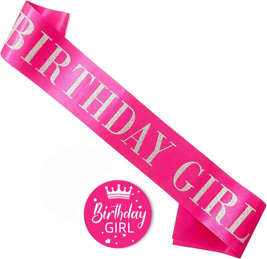 Birthday Girl Sash,Hot Pink Satin with Silver Glitter Letter, Happy 16th,18th,21st,30th 40th 50th 60th 70th 80th or Any Other Birthday Party Supplies,hot Pink Girl