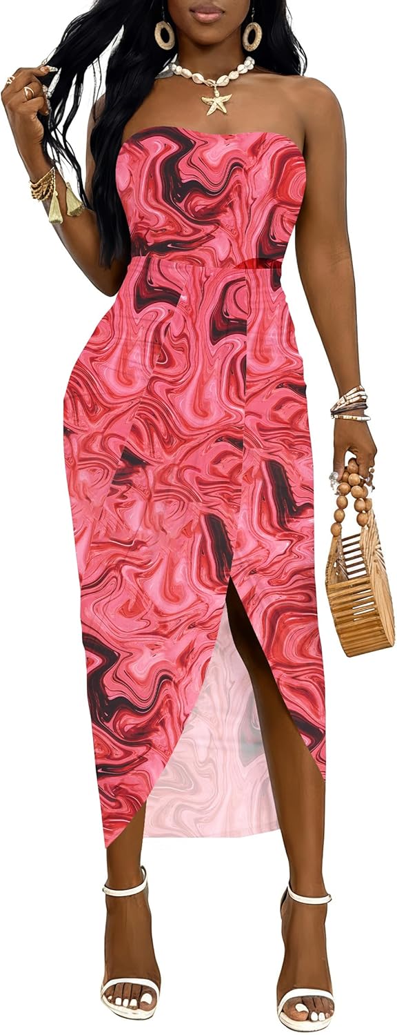 Umenlele Women's Strapless Ruched High Waist Wrap Split Asymmetrical Beach Maxi Long Dress