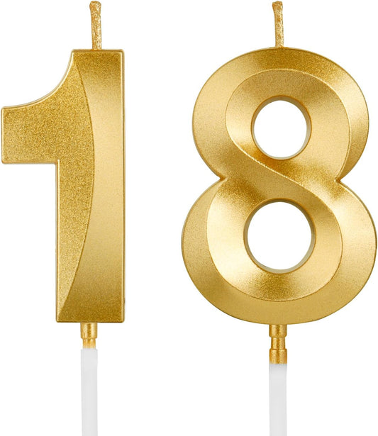 Birthday Candles, 1.96 Inch Number 18 Happy Birthday Candles, Number Candles Decoration for Birthday Party and Anniversary Celebration(Champagne Gold)