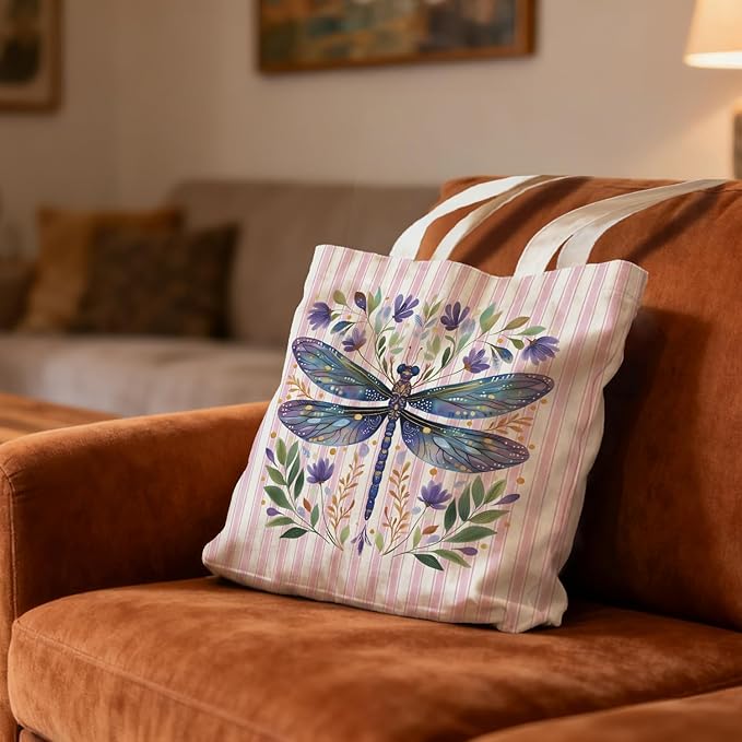 Purple Dragonfly Floral Tote Bag for Women,Dragonfly Canvas Tote Bag for Girls,Purple and White Striped Farmhouse Botanical Aesthetic Reusable Shopping Grocery Bags Party Favors