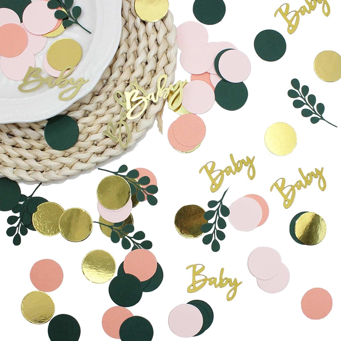 200 Pcs Greenery Baby Shower Confetti Scatter Decorations, Green Gold White Table Confetti Dots with Eucalyptus and Gold Glitte Baby Confetti Scatter for Baby Shower Gender Reveal Décor, 2.1