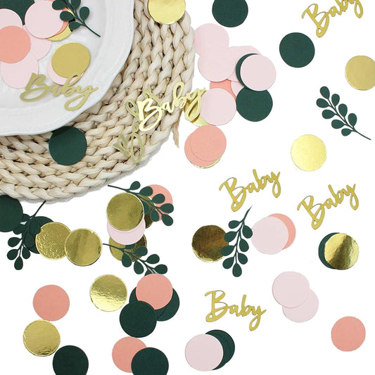 200 Pcs Greenery Baby Shower Confetti Scatter Decorations, Green Gold White Table Confetti Dots with Eucalyptus and Gold Glitte Baby Confetti Scatter for Baby Shower Gender Reveal Décor, 2.1