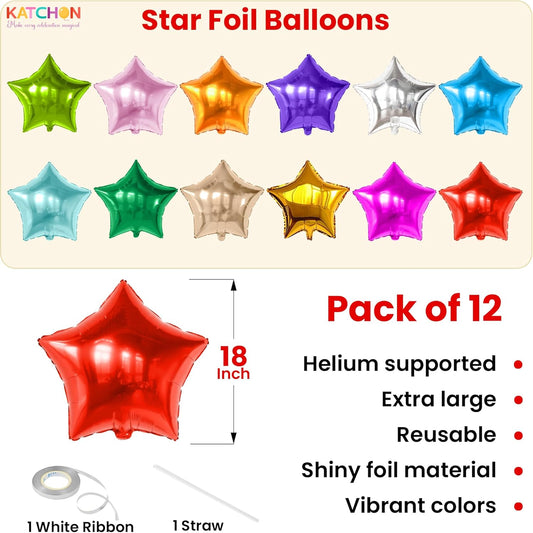 KatchOn, Huge, Multicolor Star Balloons - 18 Inch, Pack of 12 | Large Foil Star Balloons for Birthday Party Decorations | Rainbow Party Balloons, Baby Shower, Kids Party Decorations and Event Backdrop