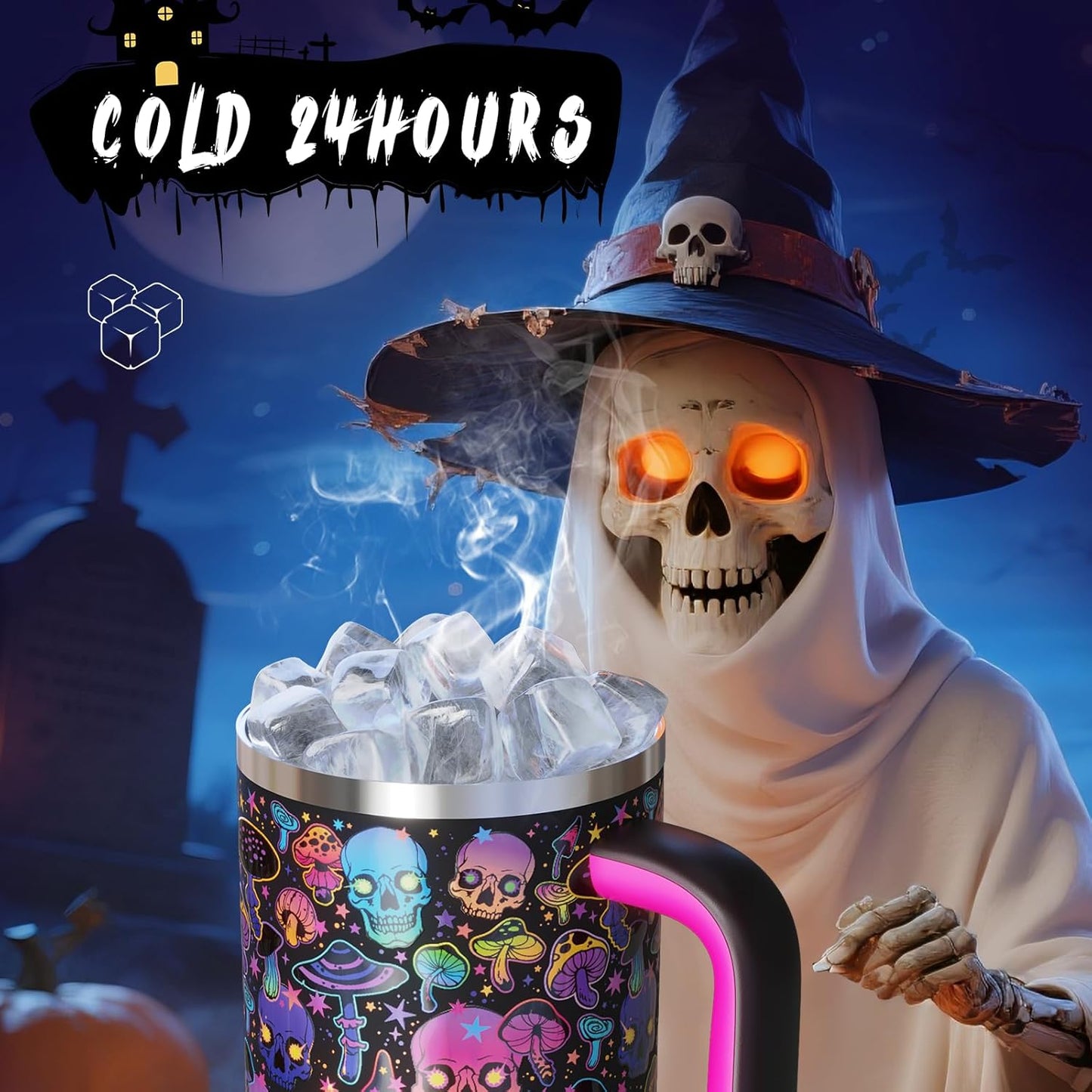 40oz Halloween Tumbler with Handle and Straw, Stainless Steel Insulated Water Bottle with Straw, Leak-Proof, Cup Holder Friendly, Keeps Cold 24 H, Gifts for Women Men, Trippy Skulls