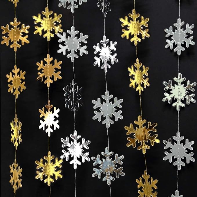 Cheerland Clearance Silver and Gold Snowflake Decorations Hanging Winter Birthday Party Garland Christmas Snowflakes Xmas Snow Flake Streamer Wall Backdrop Holiday Classroom Baby Showers Office Decor