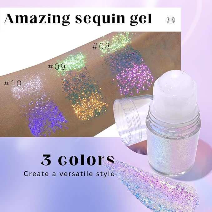 HOSAILY Roll-on Holographic Body Glitter Gel for Face Hair, Chameleon Color Changing Glitter Gel Under Light, Chunky Mermaid Sequins Festival Party Rave Accessories Shimmer Makeup (Neon Violet)