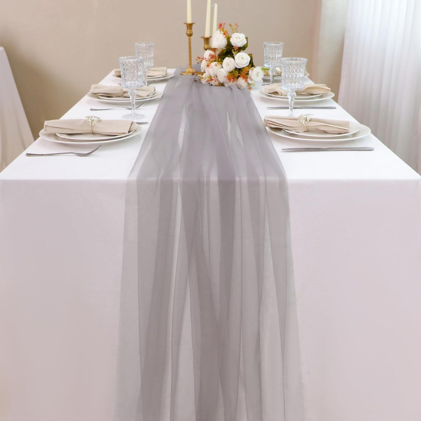 Snowkingdom Grey Table Runner, 10FT Light Grey Tulle Rustic Gauze Cheesecloth Table Decorations, Long Boho Rustic Tulle Runners for Wedding Birthday Christmas Outdoor Party Home Decor 120 Inch