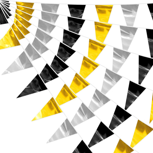 65FT Black Gold Silver Glitter Triangle Pennant Banner Flag Metallic Bunting Fabric Garland for Christmas Wall Hanging,Graduation, New Years Decorations,Father' Da Decorations Party Supplies