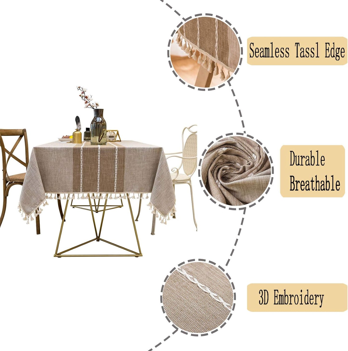 Cotton Linen Tablecloth, Tassel Stitching Table Cloth, Wrinkle Free Farmhouse Table Cover for Kitchen Dining, Party, Holiday (Rectangle, 55''x120'', 10-12 Seats, Beige)
