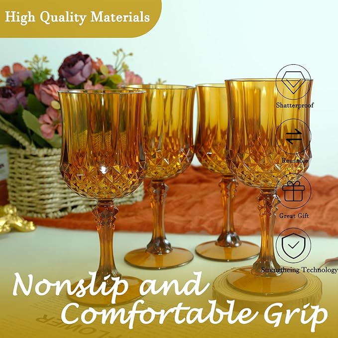 Plastic Wine Glasses, Plastic Goblets Vintage Style Cordial Unbreakable Drinking Glasses, Reusable Drinkware for Wedding Reception, Grand Event Party Supplies, Easter (48, Amber)