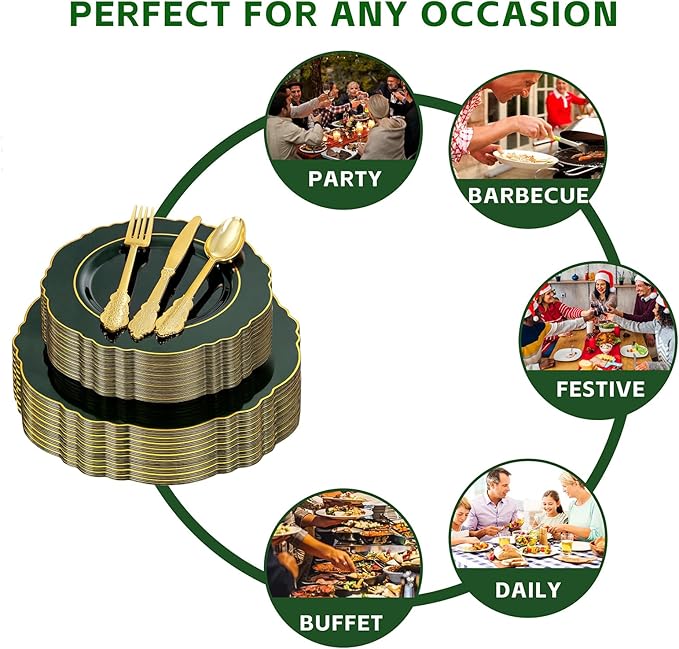 Liacere 175PCS Green Plastic Plates - Christmas Green Disposable With Gold Rim - 25Guest Baroque Plastic Dinnerware include 50Plates-25Pcs Pre Rolled Napkins with Silverware 25Cups for Party & Wedding