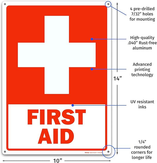 Brimar - 10 x 14" - First Aid Sign - .040″ Rust-Free Aluminum - Standard Size - Easy Installation