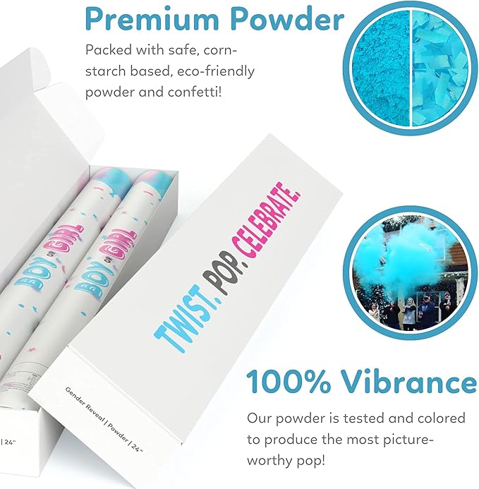 24” X-large Gender Reveal Confetti & Powder Smoke Cannon | 2 Blue Poppers | Biodegradable | Alternative to Gender Reveal Smoke Bombs Extinguisher | Baby Gender Reveal Decorations | TUR Party Supplies