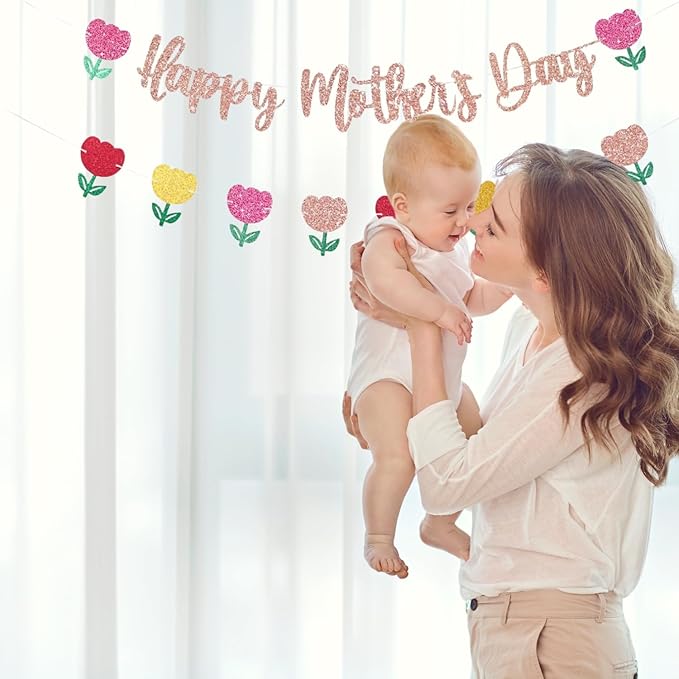Happy Mother's Day Banner Set Decoration for Mother's Day Party Decorations Backdrop Garland for Mom Mother's Day Glitter Garland Photo Props (Rose Gold Tulip)