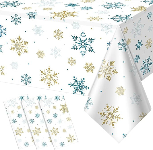 3Pcs Snowflake Plastic Tablecloth Christmas Snowflake Disposable Table Cloth White Blue and Gold Winter Wonderland Table Cover for Winter Holiday Christmas Birthday Party Decorations,54x108 Inch