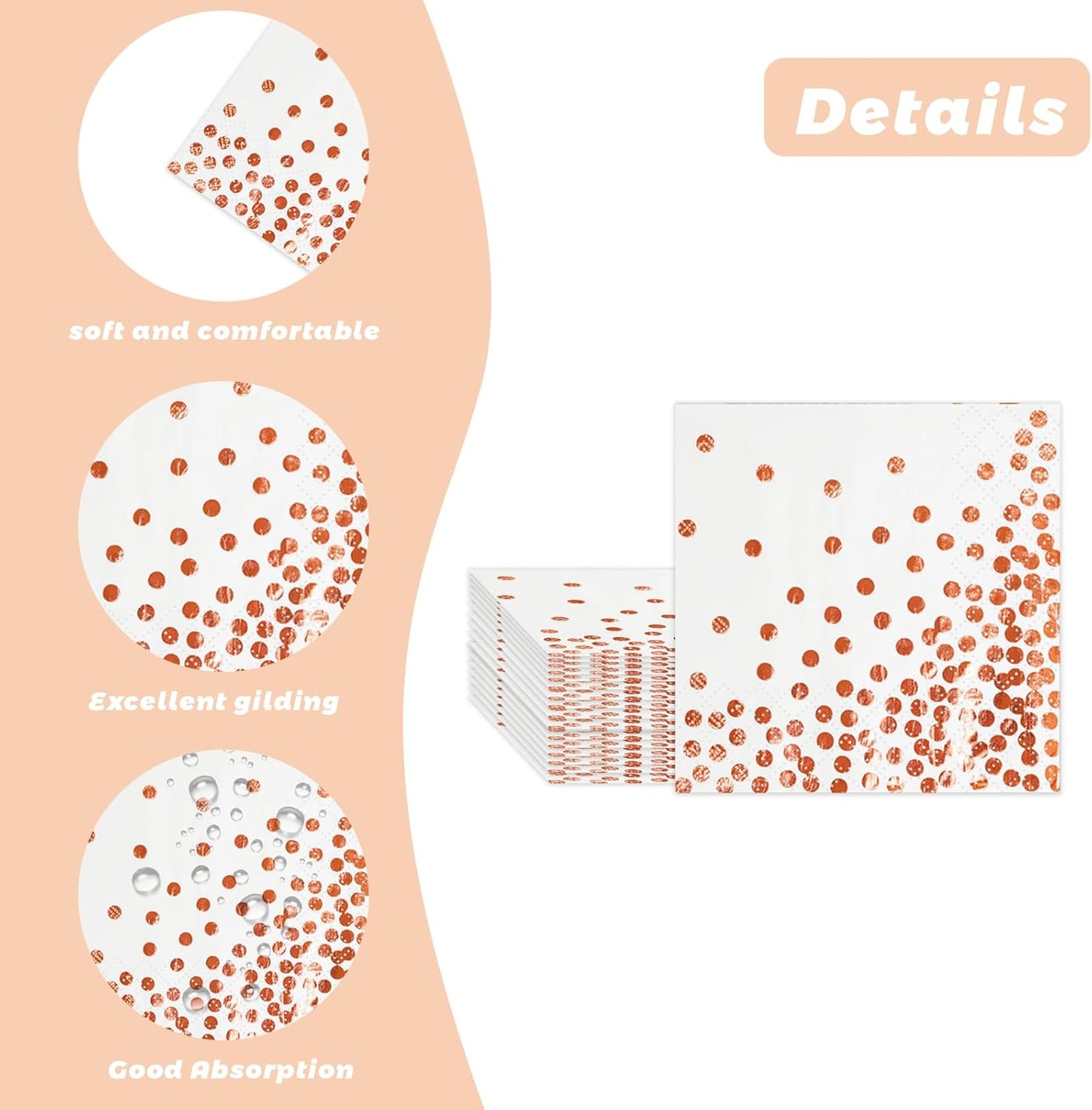 100 Pcs Unfold Size 13x13 Inch Disposable White Rose Gold Dot Paper Napkins