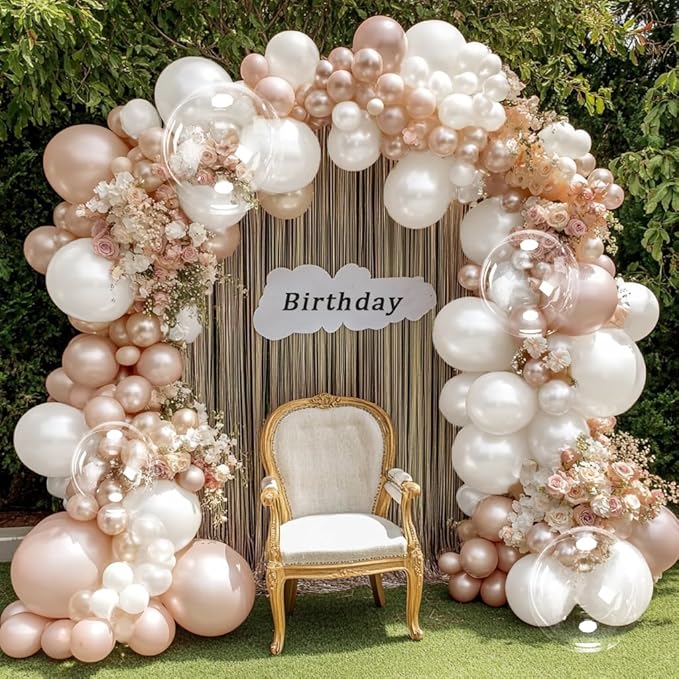 Pearl Balloon Arch Double Stuffed Pearl Rose Pink Metallic Balloon Garland Kit Different Sizes 12/10/5in With Clear Bobo Balloons for Birthday Wedding Bridal Baby Shower Engagement Party Decor