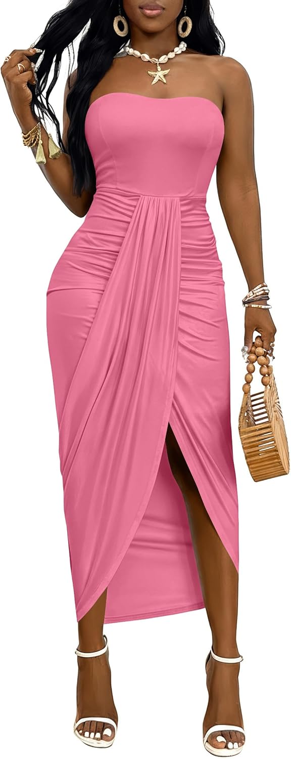 Umenlele Women's Strapless Ruched High Waist Wrap Split Asymmetrical Beach Maxi Long Dress