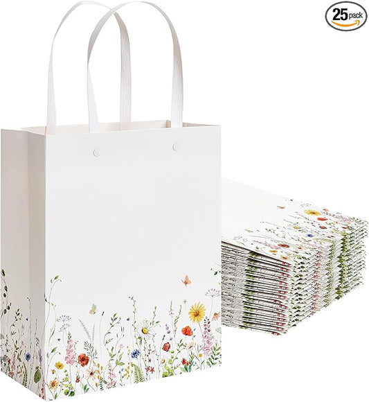 Crisky Paper Gift Bags with Handles, 25 Pack Wildflower Floral Gift Bags Medium Size for Wedding, Bridal Shower Gifts Bag, Baby Shower Party Favor, 10"x8"x4"
